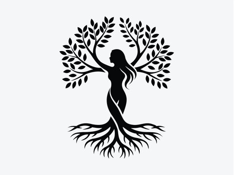 Symbolic Silhouette of a Woman as a Tree of Life with Roots and Leaves