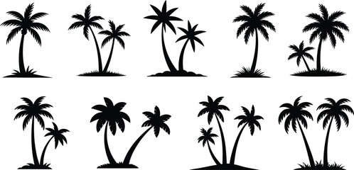 Silhouette of Tropical Palm Trees and Island Landscape Collection Isolated on White Background, Black Exotic Beach Nature Set for Graphic Design