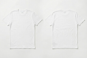 Front and back view of two plain white short-sleeved t-shirts laid flat on a light background, ready for design or branding.
