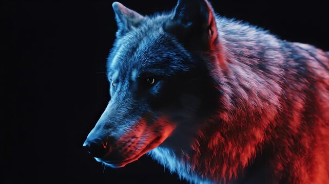 Wolf Head Profile with Red and Blue Neon Lighting Against Dark Background