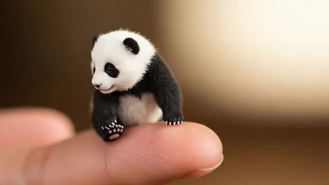 Tiny figurine of a baby panda bear on a person's fingertip.