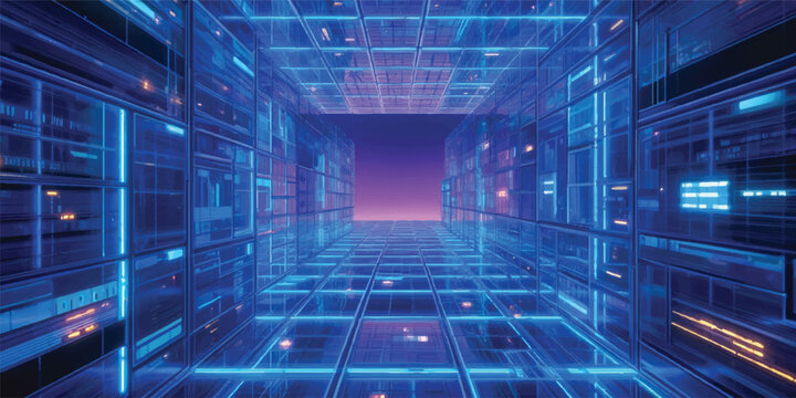 Futuristic blue city tunnel with a digital technology pattern illustrating a motion network and communication concept for a modern business data background