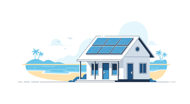 A charming white beach house with blue doors and solar panels on its roof stands on a sandy shore beside a calm blue ocean.
