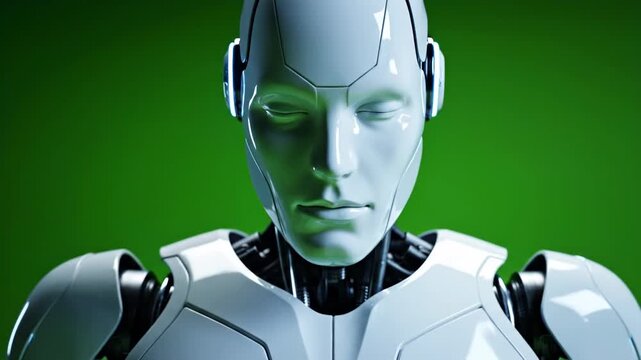 Sleek humanoid robot with glowing lights against green background