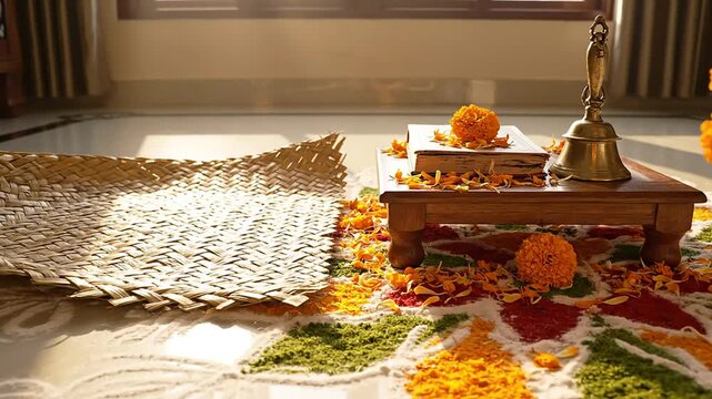 Hindu festival ritual setup with vibrant marigold decorations and brass bell at home, illuminated by morning light for ugadi celebrations.