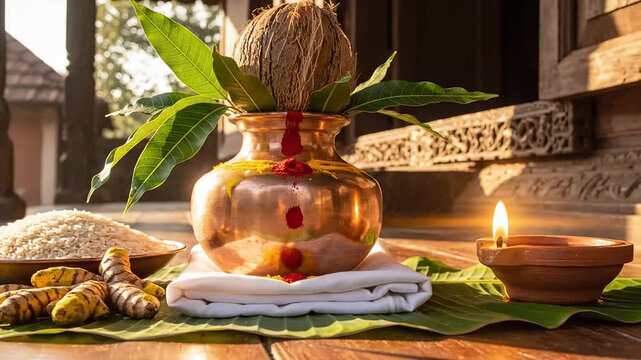 Auspicious ugadi kalash puja setup featuring traditional items for south indian new year celebration rituals at home