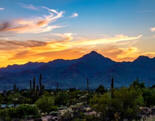 Serene desert landscape at sunset, featuring cacti, mountains silhouetted, and colorful sky