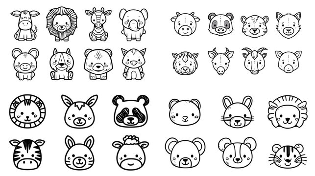 Black and white cute animal icon set with hand drawn faces and simple cartoon zoo characters, perfect for kids design, stickers, logos and coloring pages.