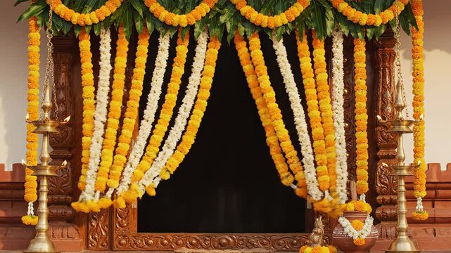 Traditional indian home entrance adorned with fresh marigold flower garlands and mango leaves, celebrating ugadi and south indian new year festivals.