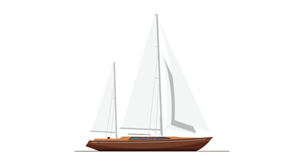 Fototapeta premium A elegant brown sailboat with two large white triangular sails is depicted in a side profile against a clean white background.