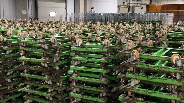 Massive stacks of green rolling dollies and transport bases in a large warehouse. Professional industrial equipment for heavy material handling, logistics movement and distribution center supply.
