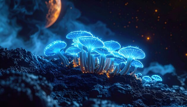 Cluster of Luminous Alien Flora Illuminating a Mysterious Night Landscape