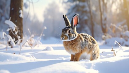 A snow-covered rabbit in a snowy forest
