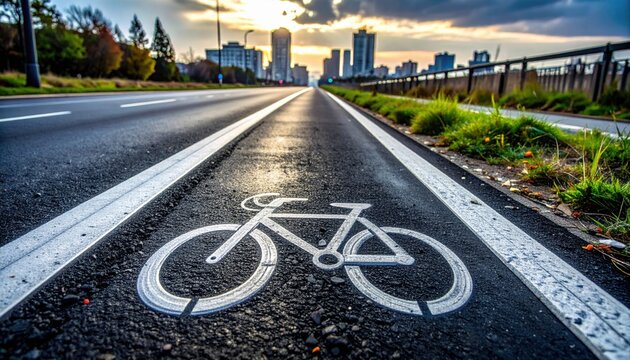 Dedicated cycling lane marked with bicycle symbol on textured asphalt road with urban cityscape and sunset sky