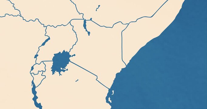 Beautiful zoom in of a kenya map with most important cities and frontier lines