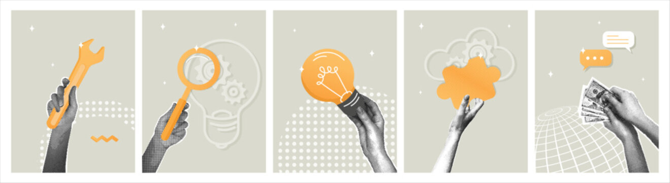 Business concepts: tools, ideas, strategy, and finance. Trendy halftone collage. A modern set of business collages featuring hands holding a wrench, magnifying glass, light bulb, cloud of gears, and