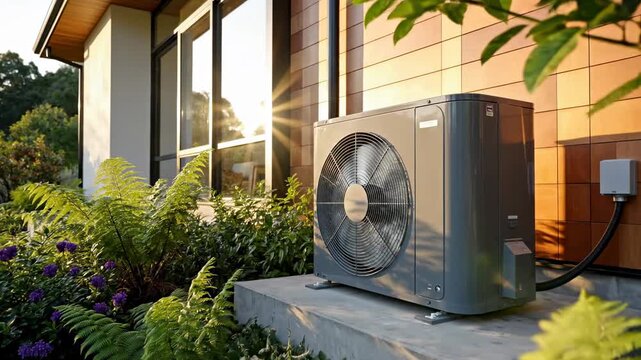 Modern Heat Pump Unit Outside Contemporary House With Lush Greenery and Warm Sunset Light