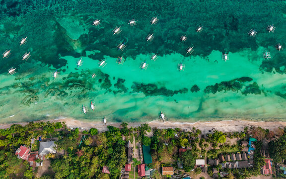 aerial view of many outrigger boats floating on the sea at BOHOL,philipphines