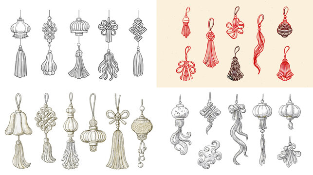 Hand drawn hanging ornaments and tassels in gray red and gold, festive decorative elements for holiday and boho design isolated on white background.