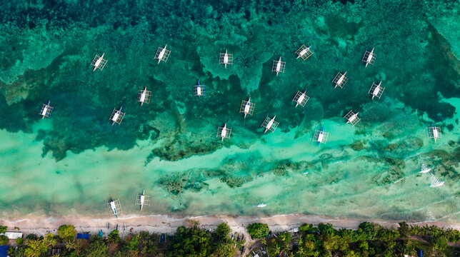 Aerial view of the outrigger boats on the coast of Bohol,philipphines