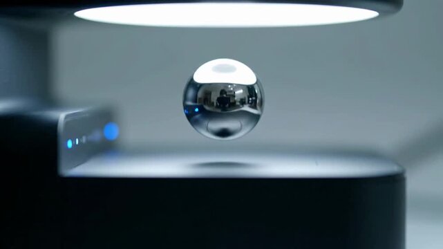 A levitating metallic sphere reflects the surrounding minimalistic design.