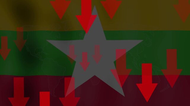 A visual representation of the Myanmar flag overlaid with descending red arrows, symbolizing decline, crisis, and downward trends.