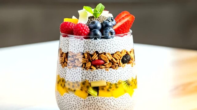 Colorful chia seed parfait with fruits and granola