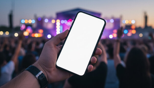 Hand holding a smartphone with a blank white screen at a vibrant music concert or festival with blurred crowd