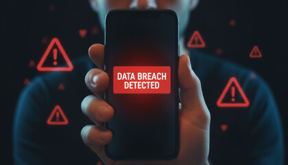 Data breach detected on smartphone screen, cyber security threat, personal information compromised, digital privacy