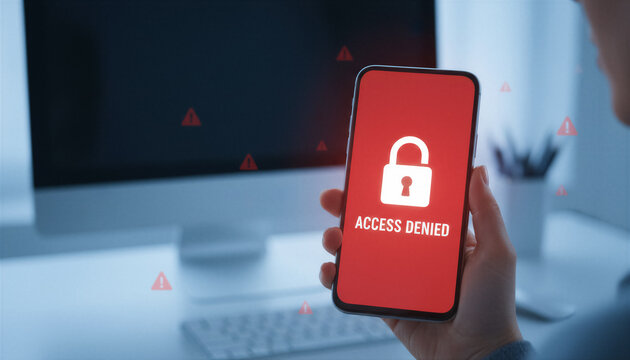 Hand holding a smartphone displaying access denied with a padlock icon, symbolizing cybersecurity, data breach, or restricted access