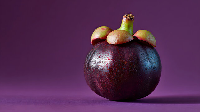 Ripe mangosteen purple fruit tropical rind glossy water droplets fresh exotic snack