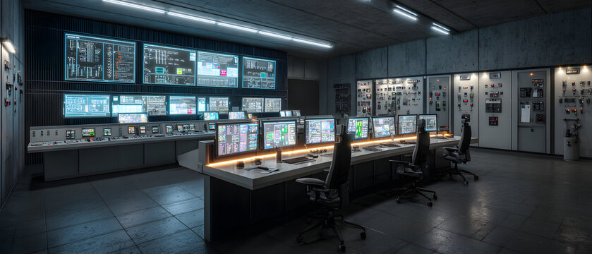 Modern control room with multiple glowing monitors and operator desks displaying system dashboards and industrial panels, cool lighting