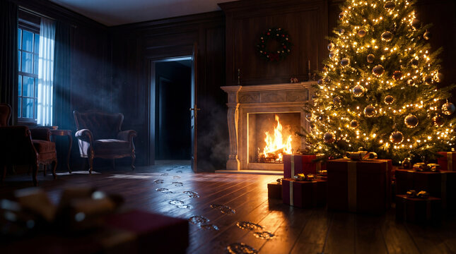 A wide-angle cinematic night scene of a luxurious classic Christmas living room. The interior features a glowing festive tree, a marble fireplace with bright flames, and mysterious wet footprints