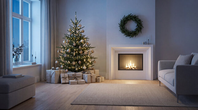 A clean and elegant Nordic interior design featuring a minimalist Christmas tree with warm lights, a modern white fireplace with gentle flames, and light oak wooden floors. Soft neutral tones 