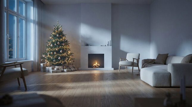 A wide-angle Nordic interior scene at night featuring a minimalist Christmas tree with warm white lights and a sleek white fireplace. Cold blue winter moonlight filters through a large window 