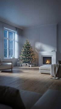 A vertical cinematic night scene of a minimalist Nordic living room interior. Features a simple Christmas tree with warm lights sleek white fireplace with subtle flames and cold blue winter moonlight