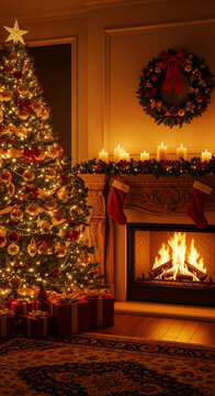 A cozy and festive Christmas living room scene at night. The interior features a luxury carved fireplace with a bright fire, a richly decorated tree with golden ornaments, and red gift boxes. Warm amb