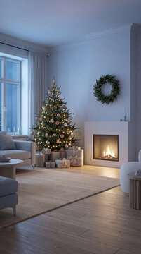 A vertical interior view of a clean Nordic living room at night. Features a minimalist Christmas tree with warm lights, a modern white fireplace with gentle flames, and simple festive decorations 