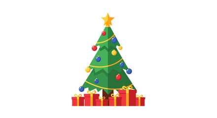 Naklejka premium A stylized green Christmas tree with a yellow star and colorful ornaments is surrounded by red gift boxes on a white background.