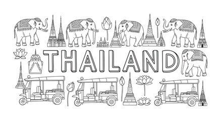 Obraz premium The bold text THAILAND is centrally positioned, framed by a symmetrical arrangement of monochrome line art Thai cultural symbols on a pristine white background.