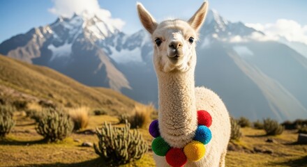 Fototapeta premium Adorable fluffy white camelid wearing colorful pom pom decorations stands proudly against towering snowy peaks