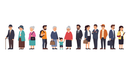 A diverse group of twelve cartoon-style individuals, including men, women, and a child, stand in a single horizontal line.