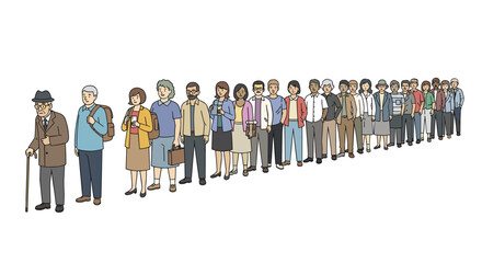 A long, diverse line of twenty-three hand-drawn individuals, men and women of various ages, stands in a diagonal formation.