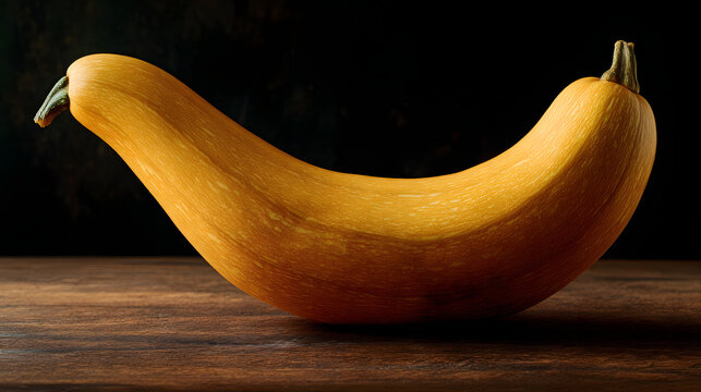 Long curved tromboncino squash on wooden surface with dramatic lighting, warm texture and kitchen still life mood