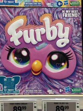 Furby interactive electronic toy boxes displayed on retail shelf at Canadian Tire. March 2, 2026. Strathmore, Alberta, Canada. Editorial Use Only.