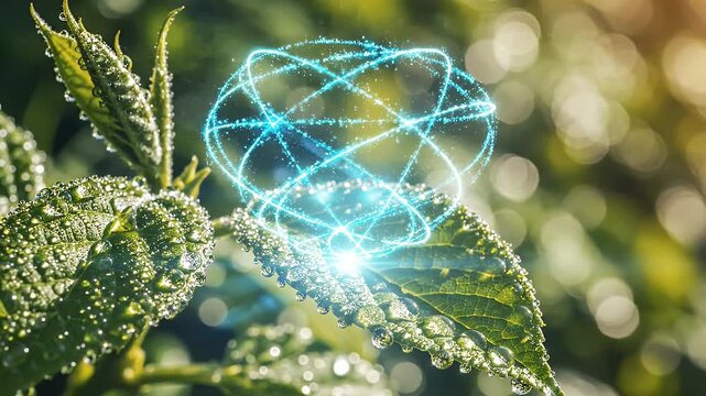 Close up of new green leaves covered with water droplets and a digitally video glowing sphere. The sphere shines brightly on the leaves in a natural light setting.