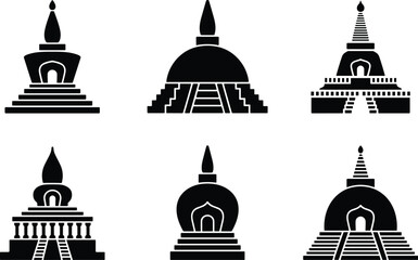 Fototapeta premium Collection of Six Black Silhouette Buddhist Stupa Icons on White Background temple architecture