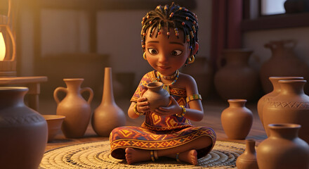 Cultural lifestyle illustration, African girl in traditional attire