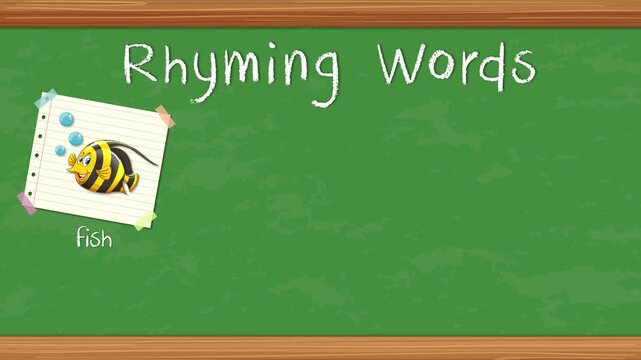 Educational Animation of Rhyming Words Appearing on a Green Chalkboard Background