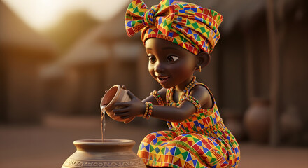 Cute African child in traditional kente dress, colorful headwrap